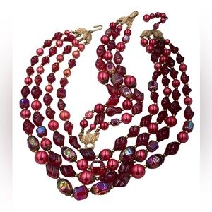 Vintage Trifari Red Glass Bead Multi Strand Necklace and Bracelet Set